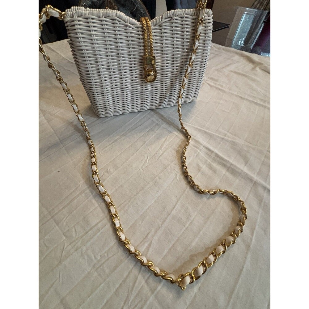 White Wicker Basket Purse With Gold Chain And Gold Fastening